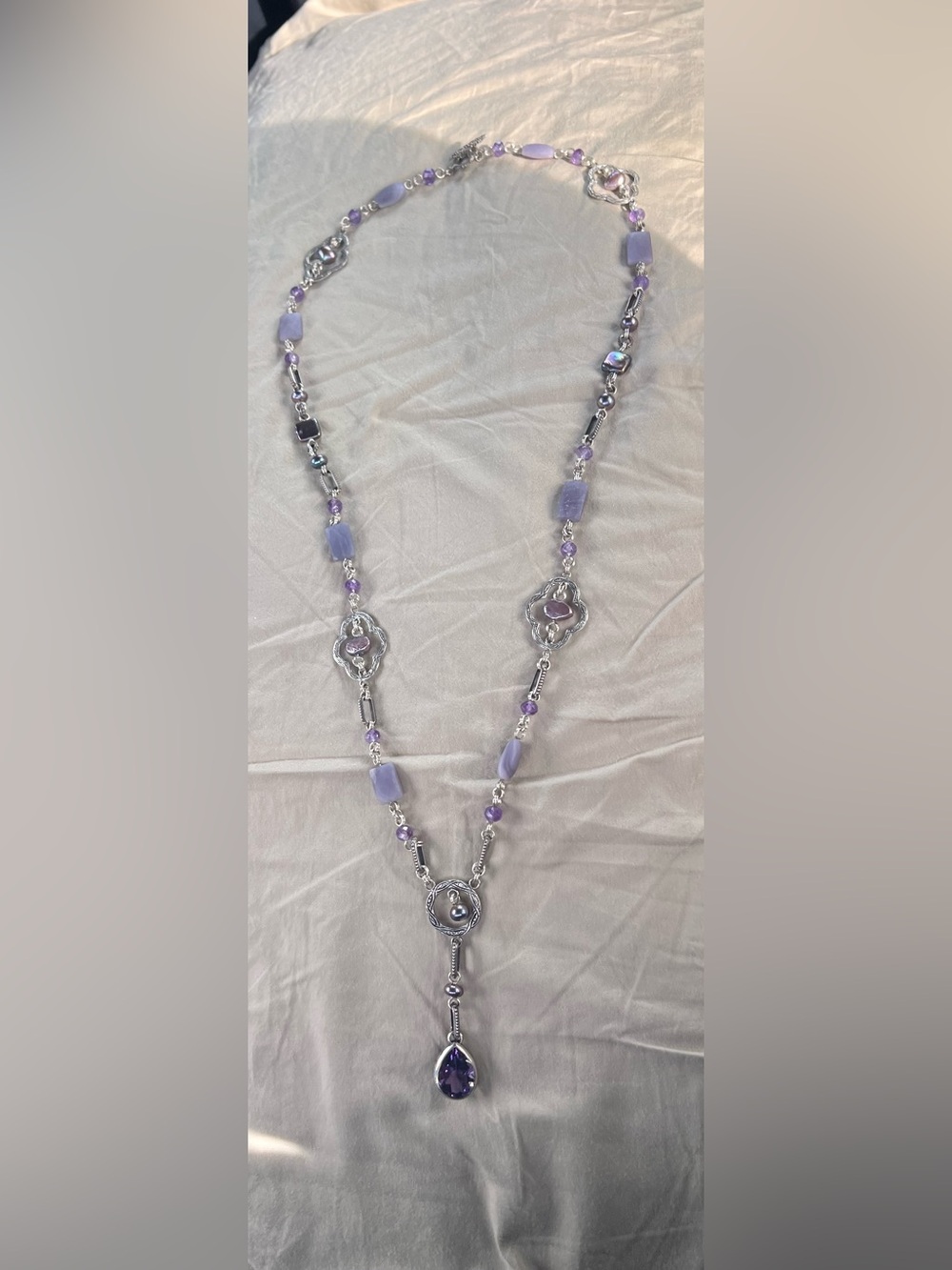 Vintage Elegant Lavender Beaded Drop Necklace - Silver Tone